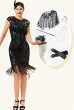 Schwarz und Grün Pailletten Fransen 1920er Jahre Gatsby Flapper Party Kleid mit 20er Jahre Accessoires Set