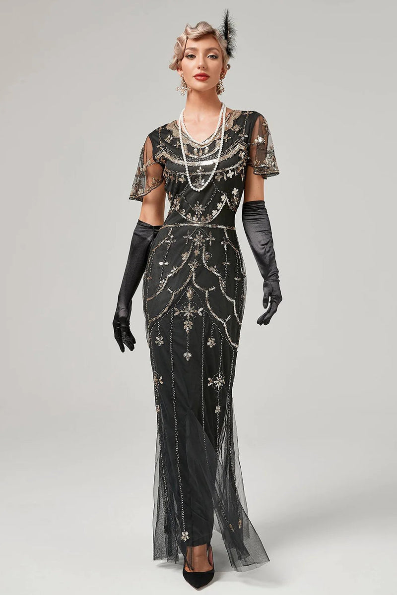 Laden Sie das Bild in den Galerie-Viewer, Schwarzes perlenbesetztes langes Flapperkleid mit 1920er Accessoires Set