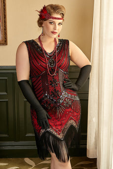 Rotes Übergröße 1920er Jahre Gatsby Kleid mit 20er Jahre Zubehör Set