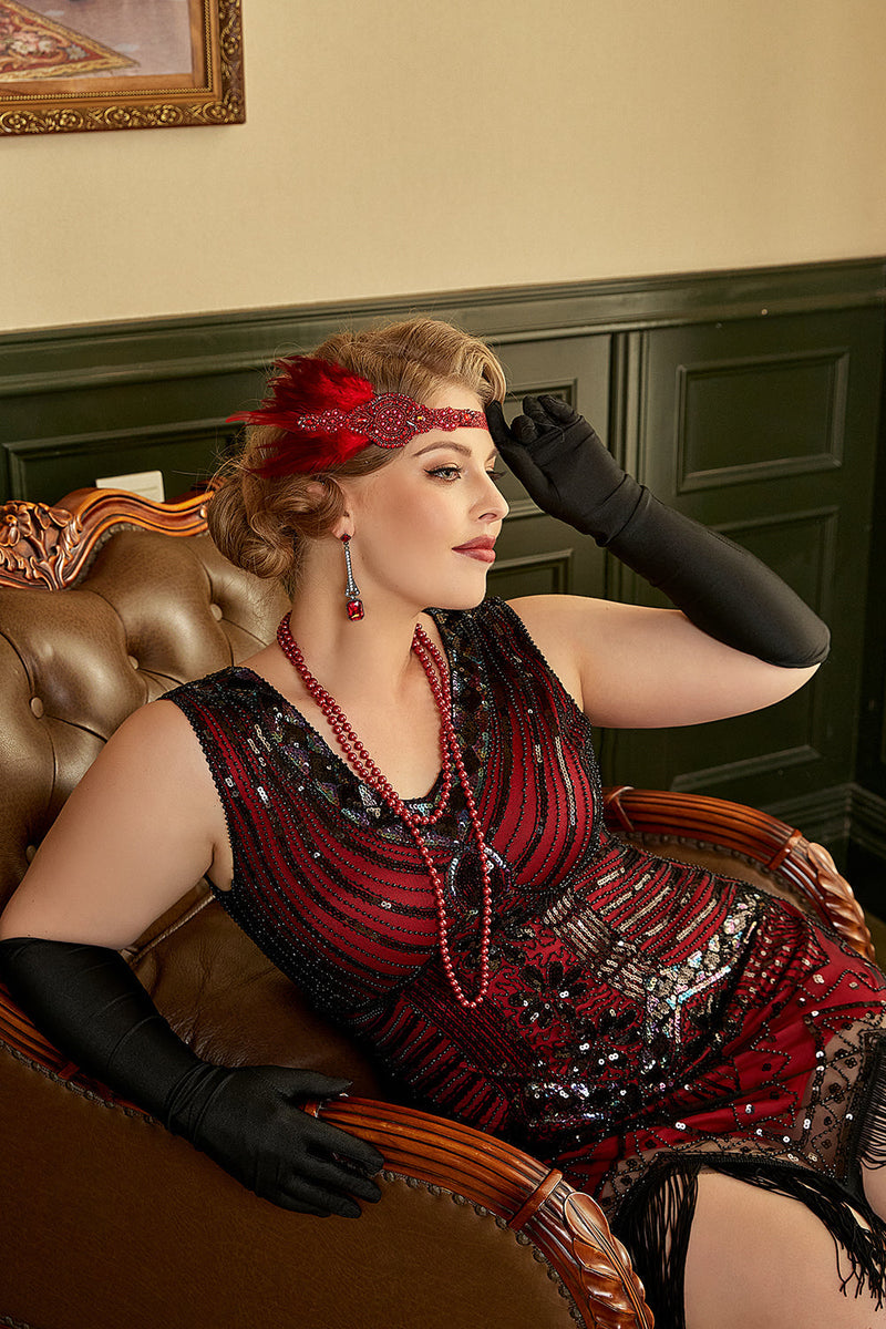 Laden Sie das Bild in den Galerie-Viewer, Rotes Übergröße 1920er Jahre Gatsby Kleid mit 20er Jahre Zubehör Set