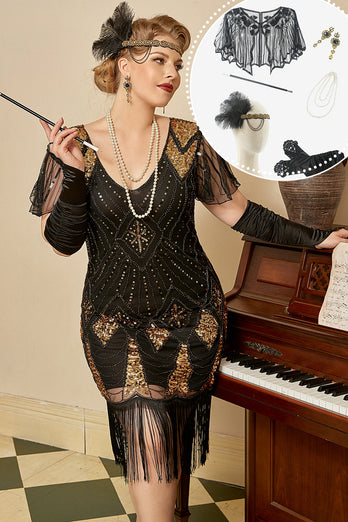 Schwarz Golden Cap Ärmel 1920er Jahre Charleston Kleid mit 20er Jahre Accessoires Set