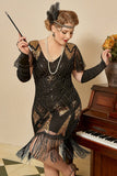 Schwarz Golden Cap Ärmel 1920er Jahre Charleston Kleid mit 20er Jahre Accessoires Set