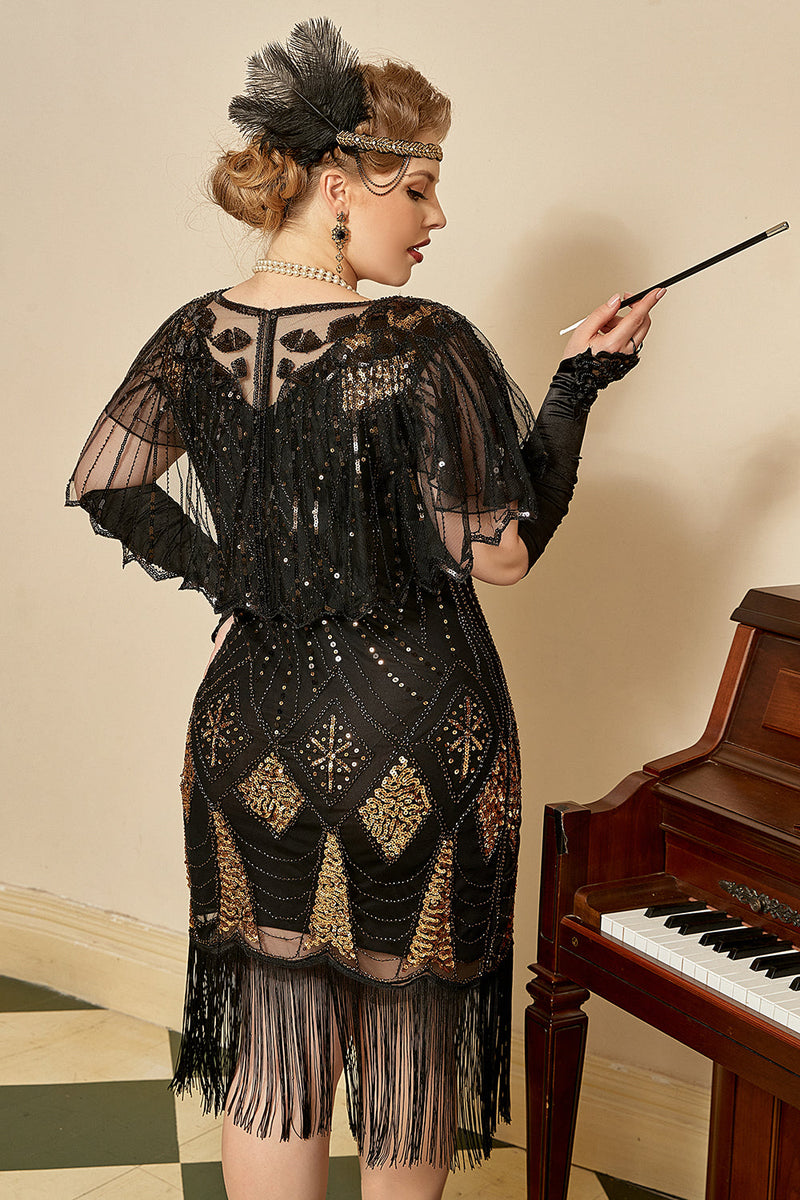 Laden Sie das Bild in den Galerie-Viewer, Schwarz Golden Cap Ärmel 1920er Jahre Charleston Kleid mit 20er Jahre Accessoires Set