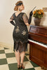 Laden Sie das Bild in den Galerie-Viewer, Schwarzes kurzärmeliges 1920er Jahre Übergröße Kleid mit 20er Jahre Accessoires Set