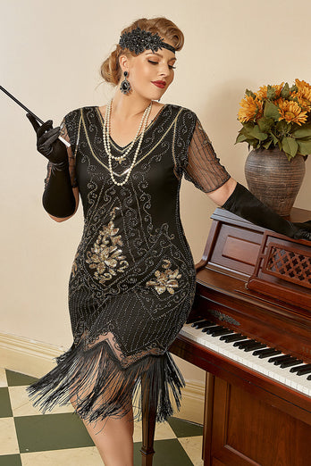 Schwarzes kurzärmeliges 1920er Jahre Übergröße Kleid mit 20er Jahre Accessoires Set