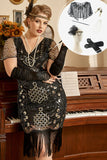 Schwarze Pailletten 1920er Jahre Flapper Übergröße Kleid mit 20er Jahre Accessoires Set