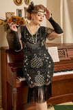 Schwarze Pailletten 1920er Jahre Flapper Übergröße Kleid mit 20er Jahre Accessoires Set