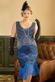Königsblau Pailletten 1920er Jahre Übergröße Gatsby Kleid mit 20er Jahre Accessoires Set