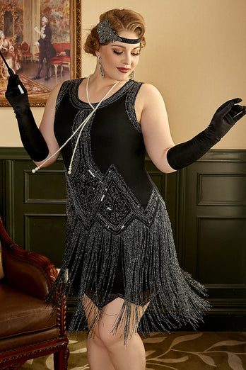 Schwarze Fransen 1920er Übergröße Gatsby Kleid mit 20er Jahre Accessoires Set