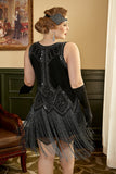 Schwarze Fransen 1920er Übergröße Gatsby Kleid mit 20er Jahre Accessoires Set