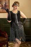 Schwarze Fransen 1920er Übergröße Gatsby Kleid mit 20er Jahre Accessoires Set