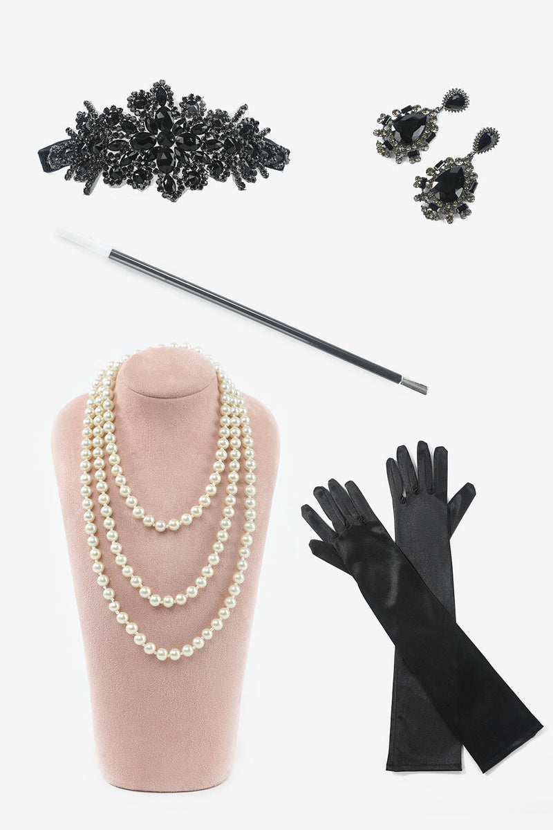 Laden Sie das Bild in den Galerie-Viewer, Schwarze Fransen 1920er Übergröße Gatsby Kleid mit 20er Jahre Accessoires Set