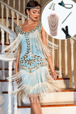 Glitzerndes blaues Paillettenkleid aus den 1920er Jahren mit Accessoires