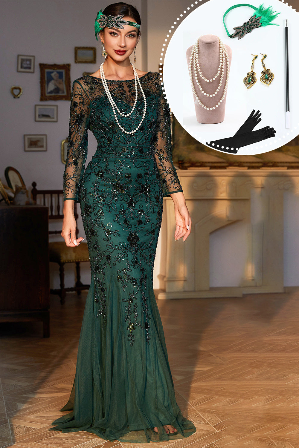 Glitzerndes dunkelgrünes pailletten langes 1920er Jahre Flapper Kleid mit 20er-Jahre-Accessoires