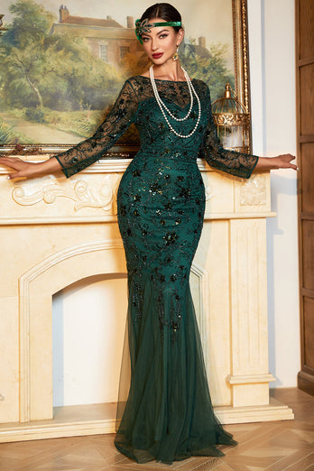 Glitzerndes dunkelgrünes pailletten langes 1920er Jahre Flapper Kleid mit 20er-Jahre-Accessoires