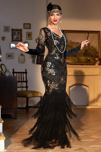 Schwarzes Pailletten Fransen Langes Gatsby Kleid aus den 1920er Jahren mit Accessoires