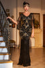 Laden Sie das Bild in den Galerie-Viewer, Schwarzes Pailletten Fransen Langes Gatsby Kleid aus den 1920er Jahren mit Accessoires