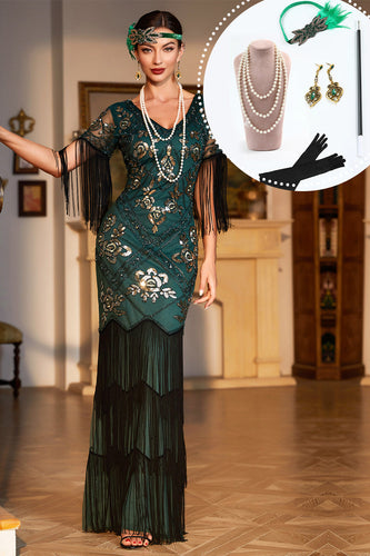 Dunkelgrünes Pailletten Fransen Langes Gatsby Kleid aus den 1920er Jahren mit Accessoires