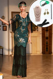 Dunkelgrünes Pailletten Fransen Langes Gatsby Kleid aus den 1920er Jahren mit Accessoires