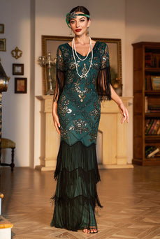 Dunkelgrünes Pailletten Fransen Langes Gatsby Kleid aus den 1920er Jahren mit Accessoires