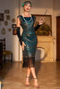 Laden Sie das Bild in den Galerie-Viewer, Dunkelgrünes paillettenbesetztes Gatsby Kleid aus den 1920er Jahren mit Fransen und Accessoires