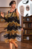 Glitzerndes schwarzes und goldenes Paillettenkleid mit Fransen aus den 1920er Jahren mit Accessoires