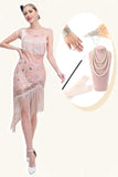 Funkelnd Blush Asymmetrisches Paillettenkleid mit Fransen aus den 1920er Jahren und Accessoires