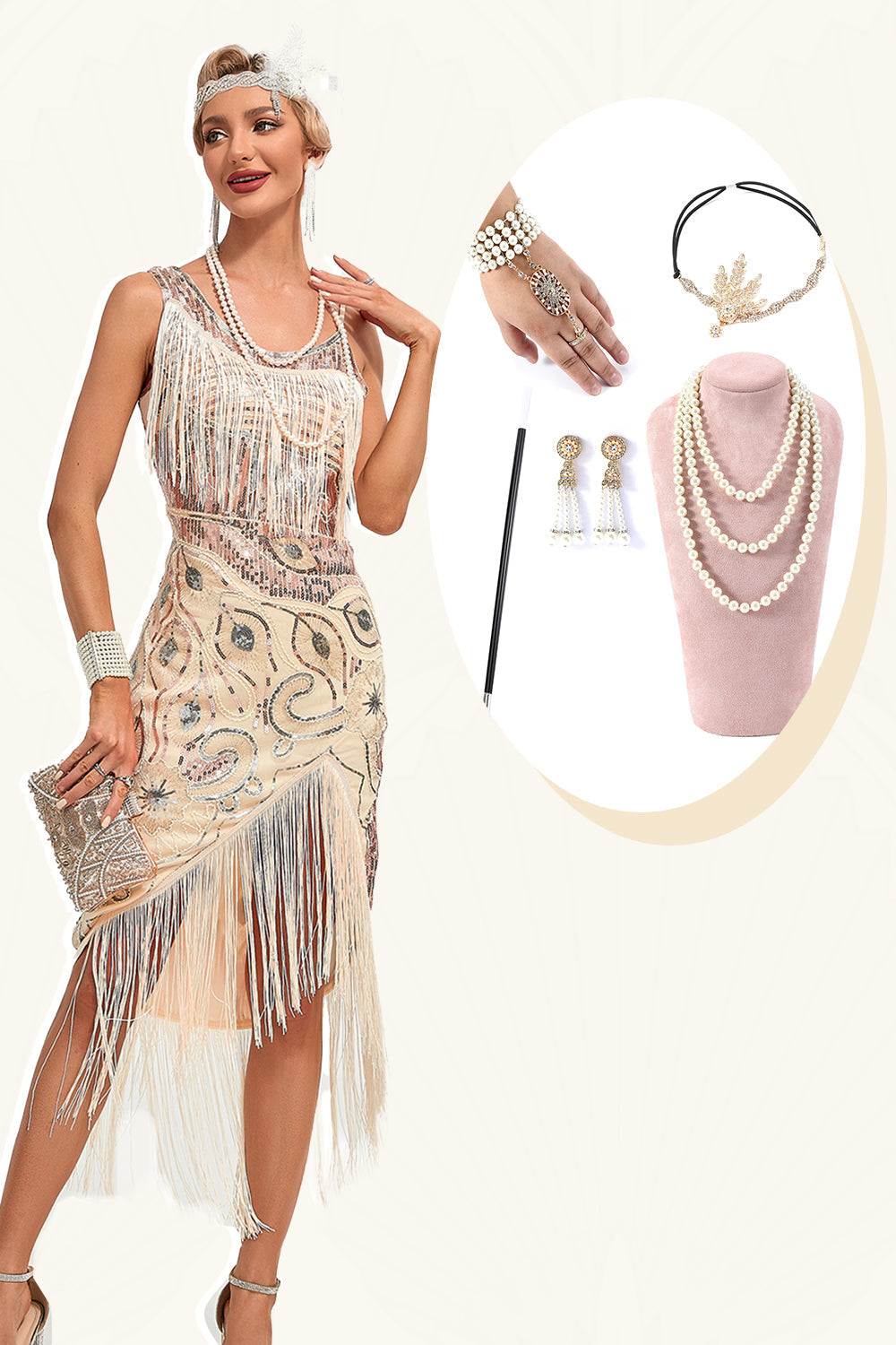 Glitzerndes champagner Pailletten fransen Asymmetrisches Gatsby Kleid aus den 1920er Jahren mit Accessoires