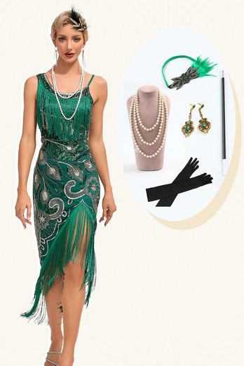Glitzerndes dunkelgrünes Paillettenfransen Asymmetrisches Gatsby Kleid aus den 1920er Jahren mit Accessoires