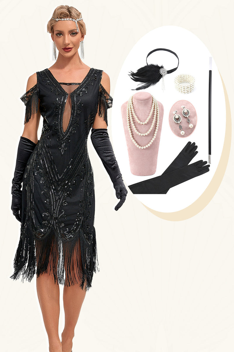 Laden Sie das Bild in den Galerie-Viewer, Glitzer Schwarzes Kalte Schulter Pailletten Fransen 1920er Jahre Gatsby Kleid mit Accessoires Set