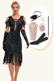 Glitzer Schwarzes Kalte Schulter Pailletten Fransen 1920er Jahre Gatsby Kleid mit Accessoires Set