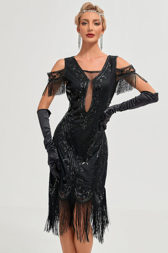 Glitzer Schwarzes Kalte Schulter Pailletten Fransen 1920er Jahre Gatsby Kleid mit Accessoires Set