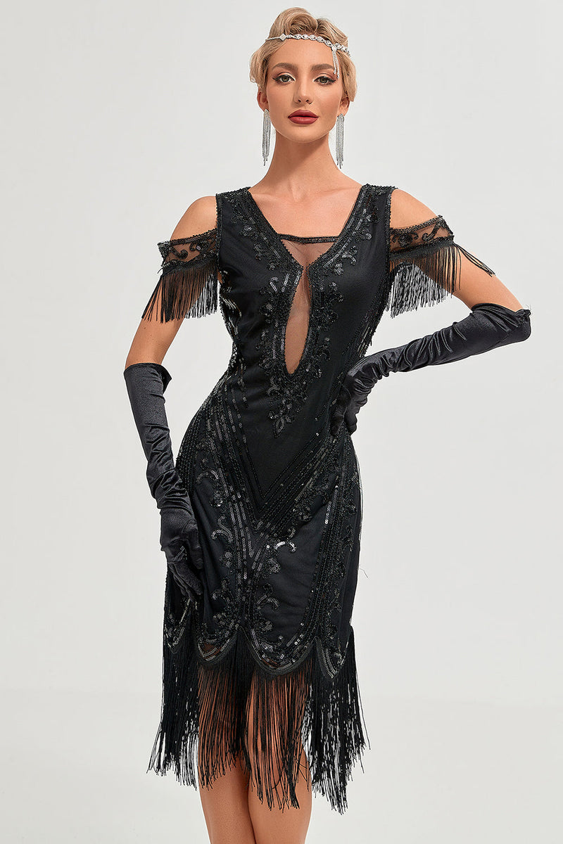 Laden Sie das Bild in den Galerie-Viewer, Glitzer Schwarzes Kalte Schulter Pailletten Fransen 1920er Jahre Gatsby Kleid mit Accessoires Set