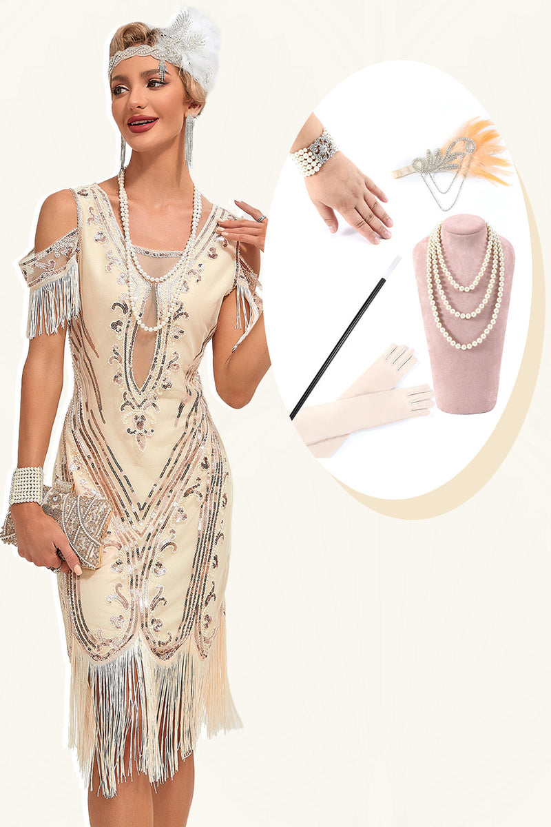Laden Sie das Bild in den Galerie-Viewer, Glitter Champagner Cold Shoulder Pailletten Fransen 1920er Jahre Gatsby Kleid mit Accessoires Set