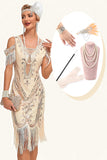 Glitter Champagner Cold Shoulder Pailletten Fransen 1920er Jahre Gatsby Kleid mit Accessoires Set