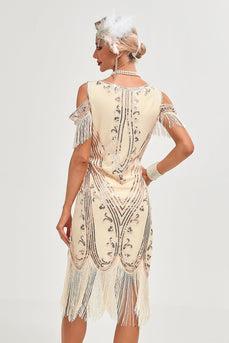 Glitter Champagner Cold Shoulder Pailletten Fransen 1920er Jahre Gatsby Kleid mit Accessoires Set