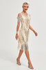 Laden Sie das Bild in den Galerie-Viewer, Glitter Champagner Cold Shoulder Pailletten Fransen 1920er Jahre Gatsby Kleid mit Accessoires Set