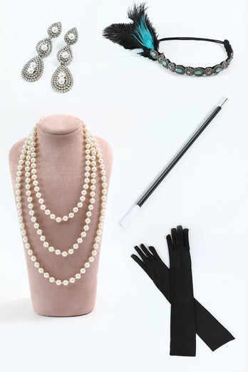 Glitter Grün Kalte Schulter Pailletten Fransen 1920er Jahre Gatsby Kleid mit Accessoires Set
