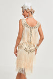 Glitzer Champagner Pailletten Gatsby Kleid mit Fransen aus den 1920er Jahren und Accessoires