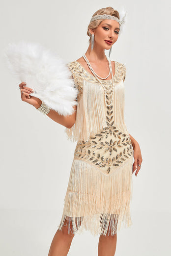 Glitzer Champagner Pailletten Gatsby Kleid mit Fransen aus den 1920er Jahren und Accessoires