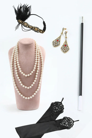 Dunkelviolettes Perlen fransenkleid aus den 1920er Jahren mit Accessoires