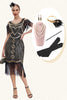 Laden Sie das Bild in den Galerie-Viewer, Schwarzes goldenes Gatsby-Kleid mit Cold-Shoulder-Fransen aus den 1920er Jahren und 20er-Jahre-Accessoires