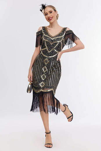 Schwarzes goldenes Gatsby-Kleid mit Cold-Shoulder-Fransen aus den 1920er Jahren und 20er-Jahre-Accessoires