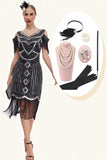 Schwarzes goldenes Gatsby-Kleid mit kalten Schulterfransen aus den 1920er Jahren und Accessoires aus den 20er Jahren