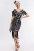 Laden Sie das Bild in den Galerie-Viewer, Schwarzes goldenes Gatsby-Kleid mit kalten Schulterfransen aus den 1920er Jahren und Accessoires aus den 20er Jahren