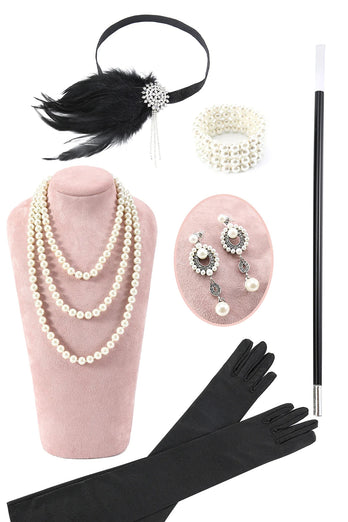 Schwarzes goldenes Gatsby-Kleid mit kalten Schulterfransen aus den 1920er Jahren und Accessoires aus den 20er Jahren