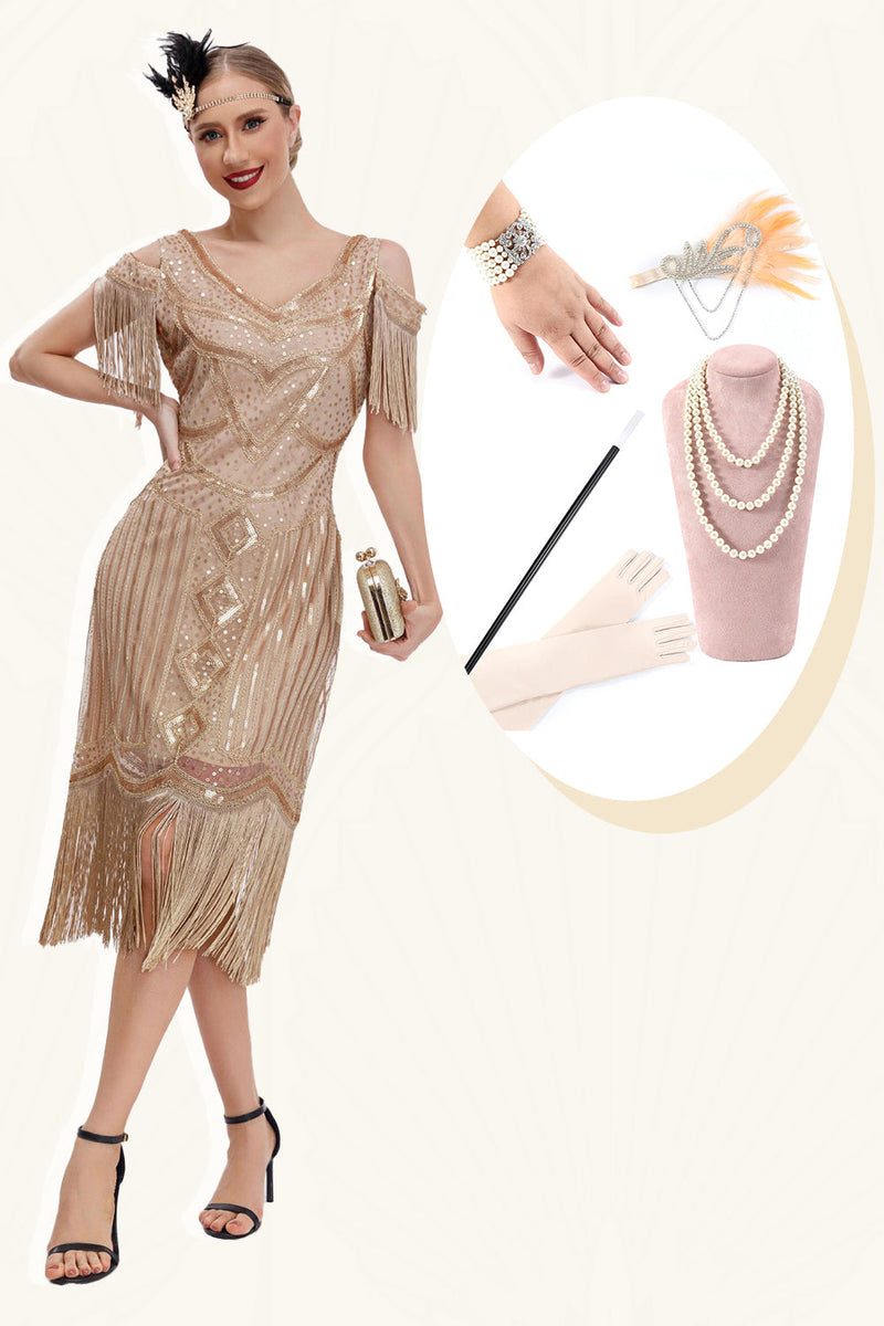 Laden Sie das Bild in den Galerie-Viewer, Champagnerfarbenes Cold-Shoulder-Fransen-Gatsby-Kleid aus den 1920er Jahren mit 20er-Jahre-Accessoires