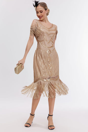 Champagnerfarbenes Cold-Shoulder-Fransen-Gatsby-Kleid aus den 1920er Jahren mit 20er-Jahre-Accessoires