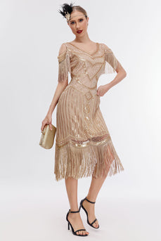 Champagnerfarbenes Cold-Shoulder-Fransen-Gatsby-Kleid aus den 1920er Jahren mit 20er-Jahre-Accessoires