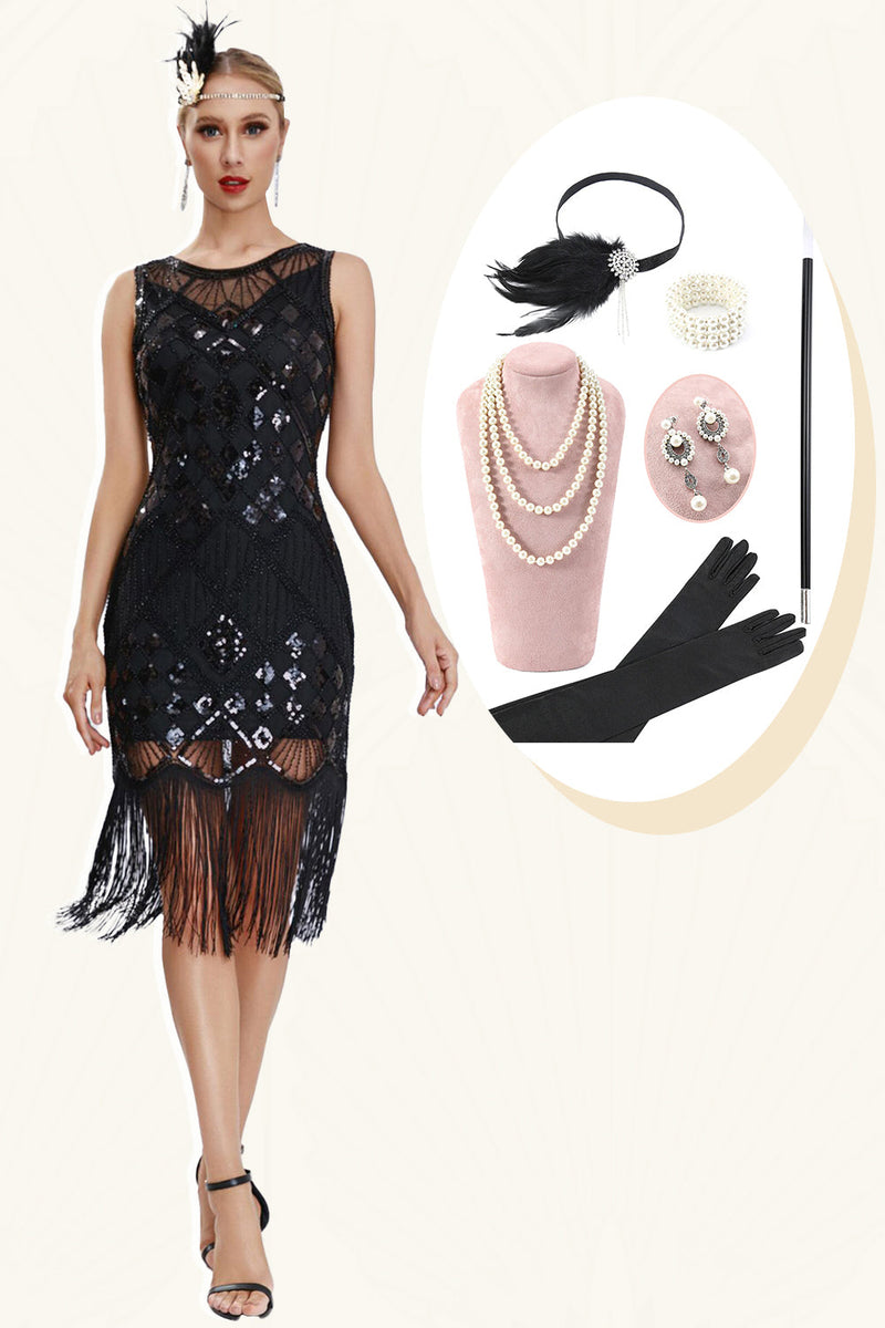 Laden Sie das Bild in den Galerie-Viewer, Glitzerndes schwarzes Gatsby-Kleid mit Fransen aus den 1920er Jahren und Accessoires aus den 20er Jahren